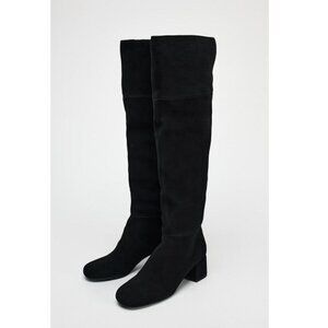 Zara Black Suede Knee High Boots Round Toe 2-inch Heel Fleece Cuff Detail SZ 11